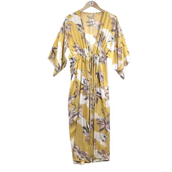 AMUSE SOCIETY Kimono Floral Ginger Womens S Yellow Tie Front Maxi Duster Boho - Picture 2 of 14